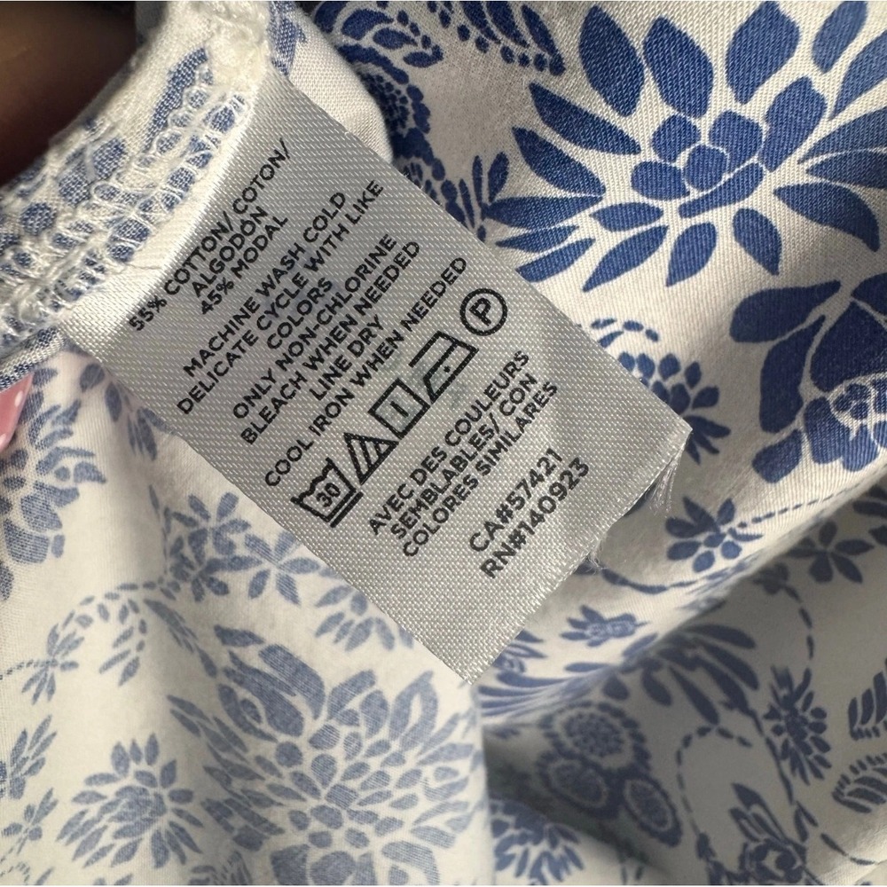 LOFT Women Blue White Floral Peasant Blouse Tie Neck Balloon Sleeve Large - Picture 8 of 8